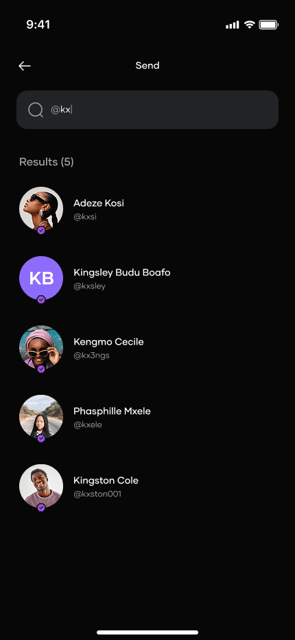 Searching for a recipient by username, with matching people listed