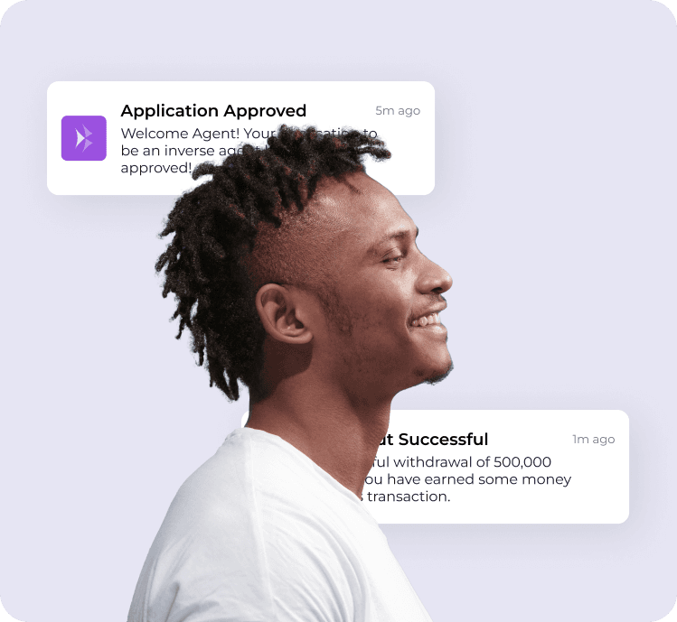 A smiling man in profile with app notifications floating beside him: an approval and a successful payout
