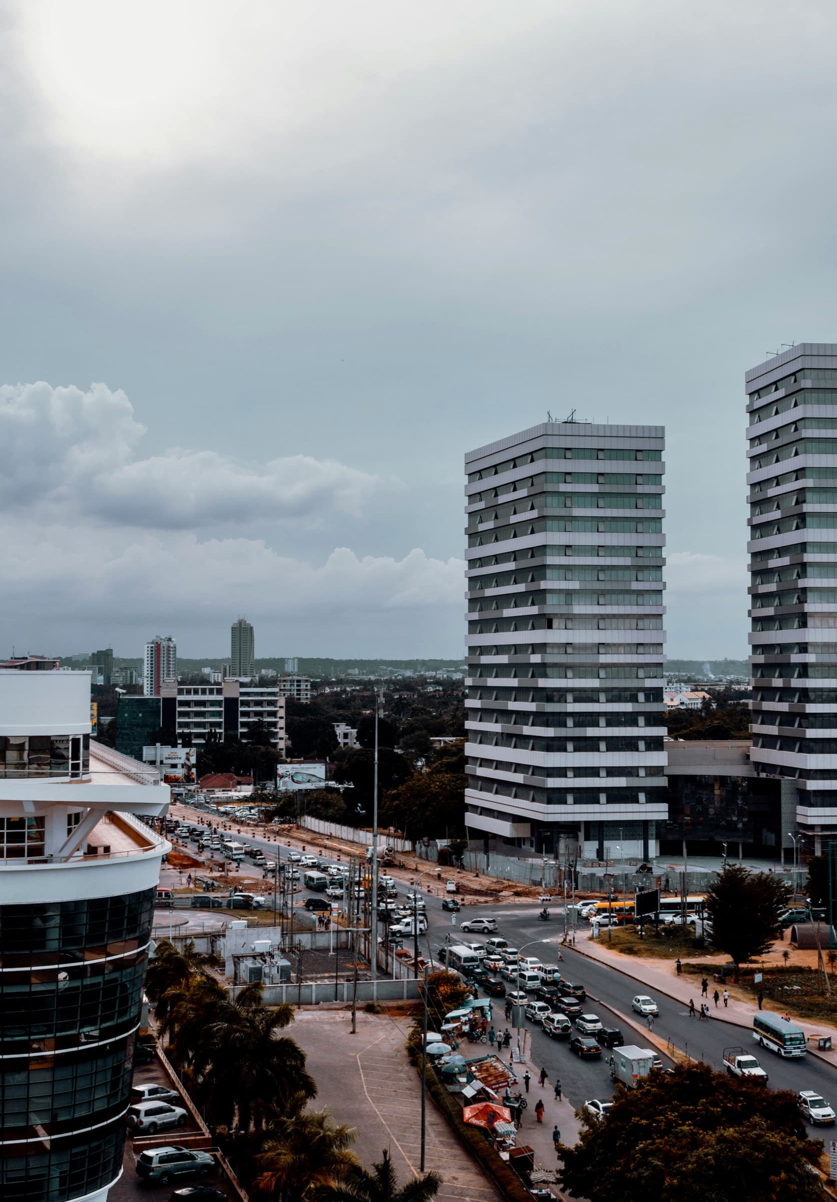 Apartment blocks stacked along a city road