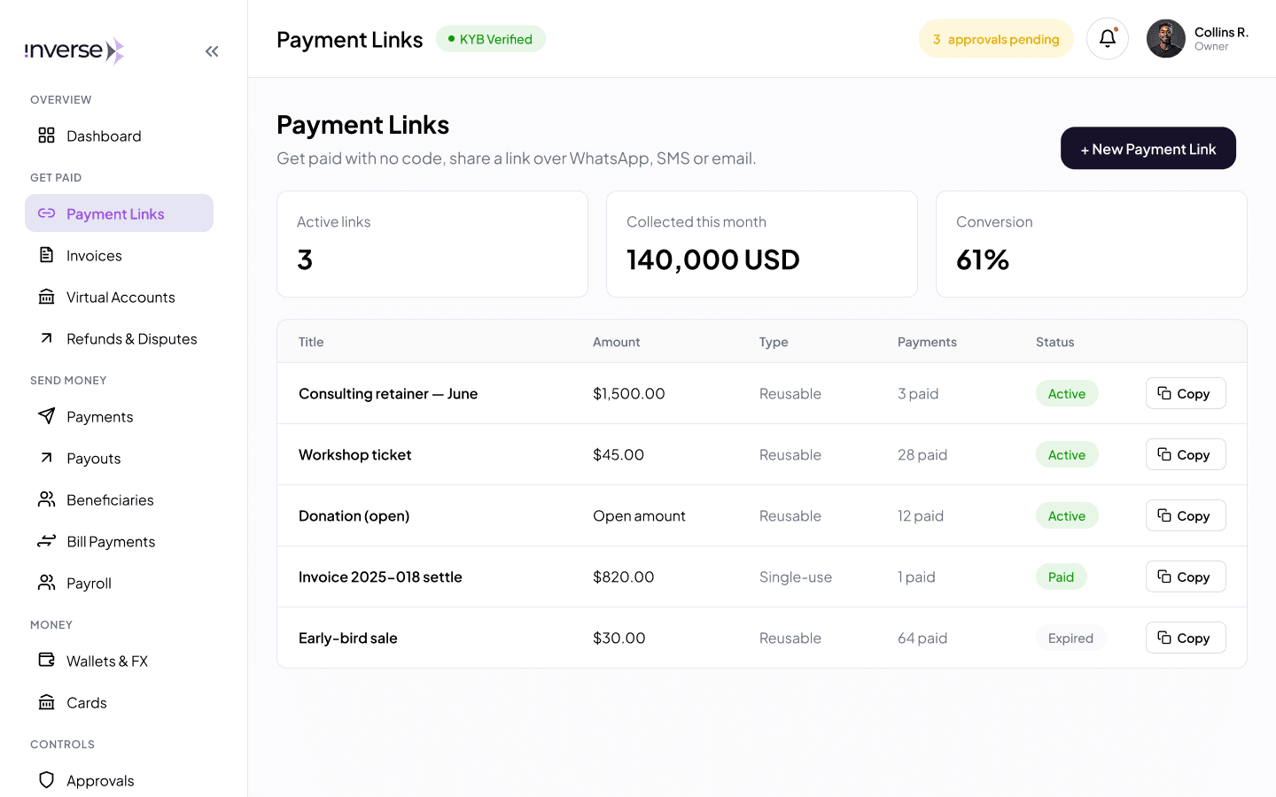 The payment links area of the business dashboard, listing shareable links with their amount and status