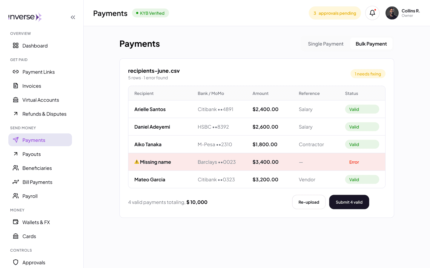 A bulk payment in the business dashboard, showing an uploaded recipient file with each row validated and one row flagged because a name is missing