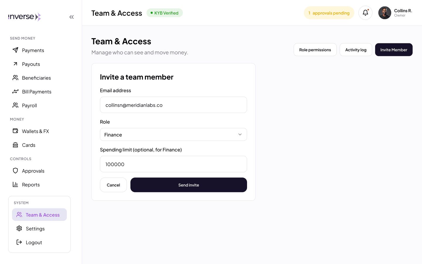 The team and access area of the business dashboard, inviting a member with a role and an optional spending limit