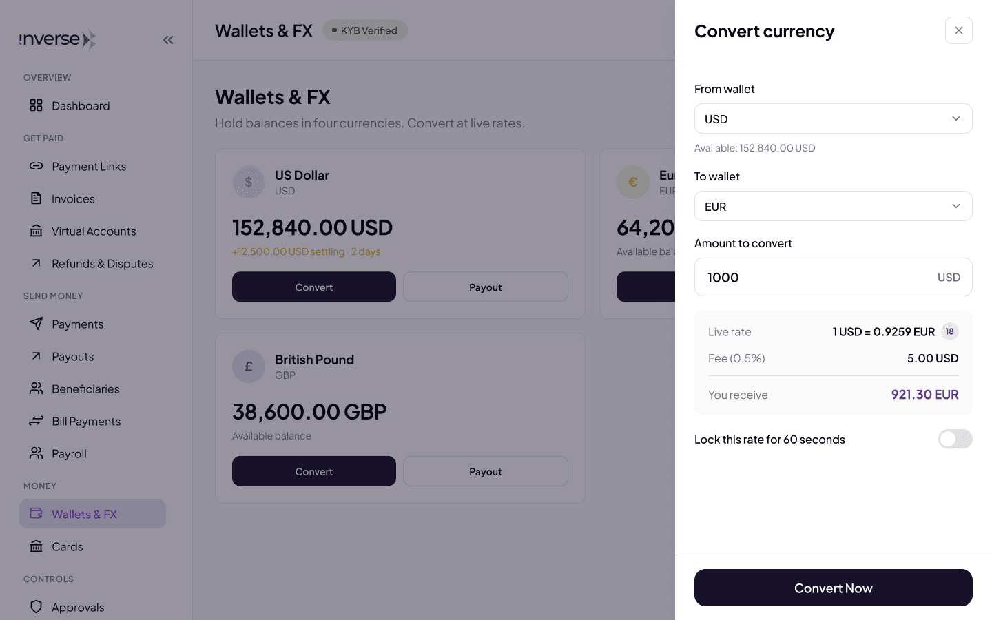 The wallets and conversion area of the business dashboard, showing balances by currency and the rate for a conversion