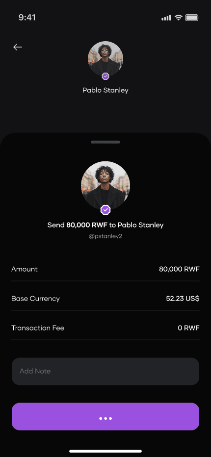 A transfer about to be confirmed, showing the amount, the exchange value and the fee before anything is sent