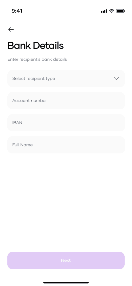 Entering a recipient's account number and IBAN so money can be paid into their bank
