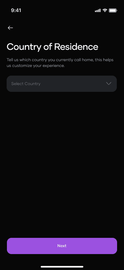 Choosing a country of residence from the supported list