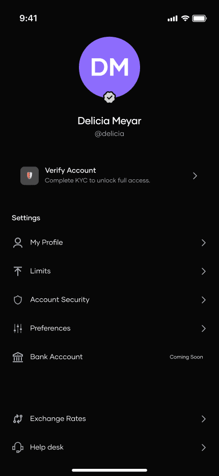 A profile screen offering account verification, limits, security settings and exchange rates