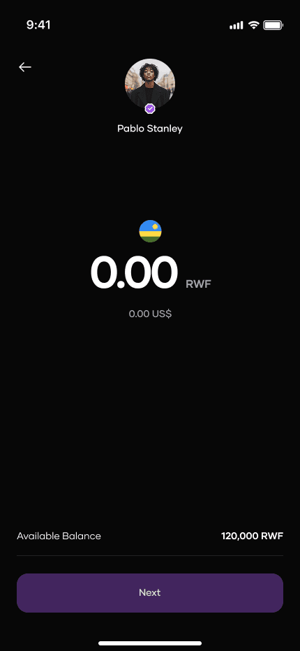 The amount screen, showing what is being sent against the balance available