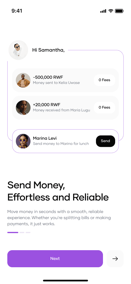 The app explaining how sending works, with recent transfers shown beneath