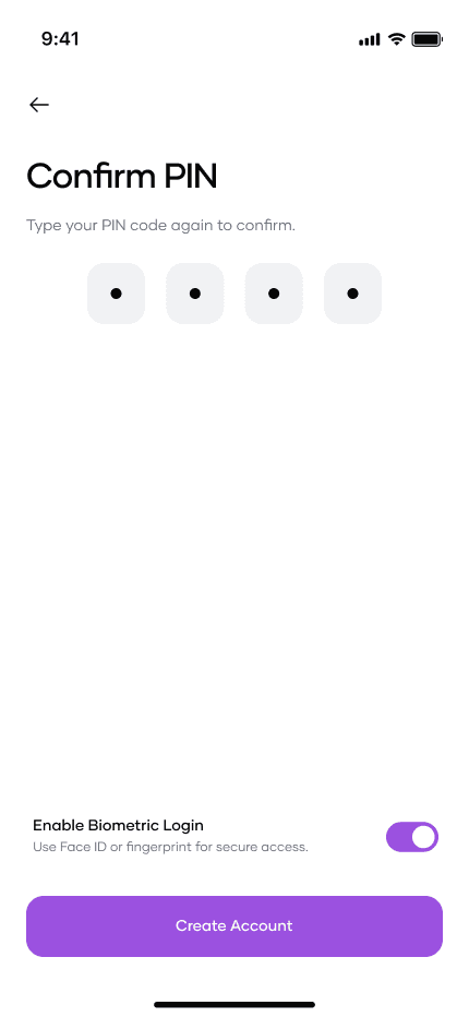 Confirming a PIN, with an option to unlock the app with Face ID instead