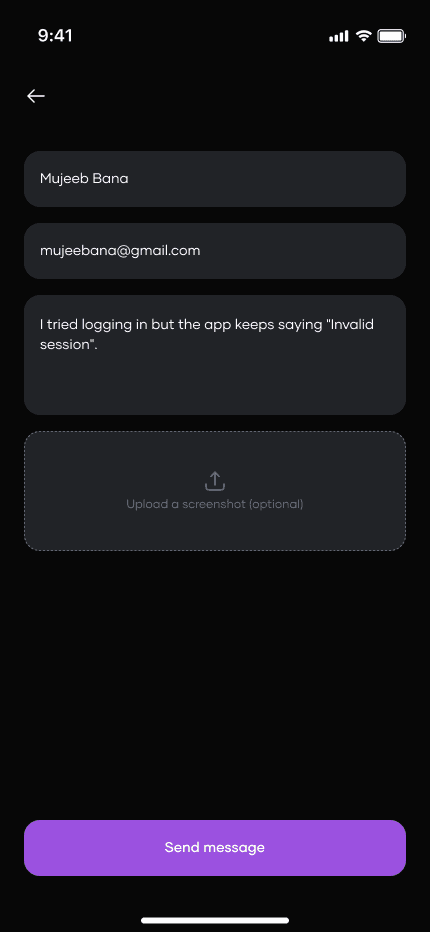 Writing a support message in the app, with space to attach a screenshot
