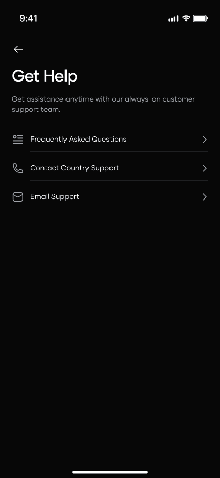 The help menu in the app, offering common questions, country support and email support