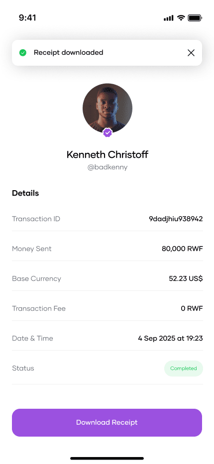 A receipt being downloaded after a transfer completes