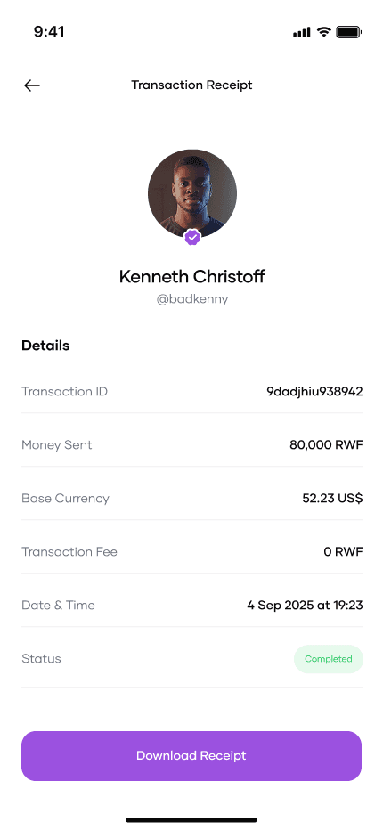 A receipt showing the amount sent, the fee, the status and a button to download it