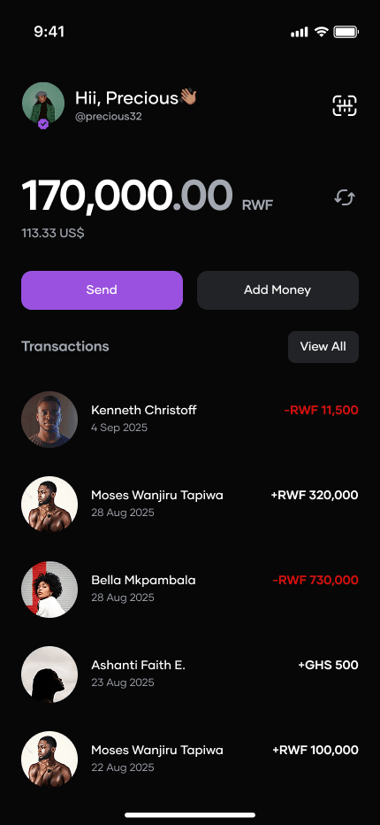 The InversePay app in dark mode, showing a multi-currency balance and recent transfers